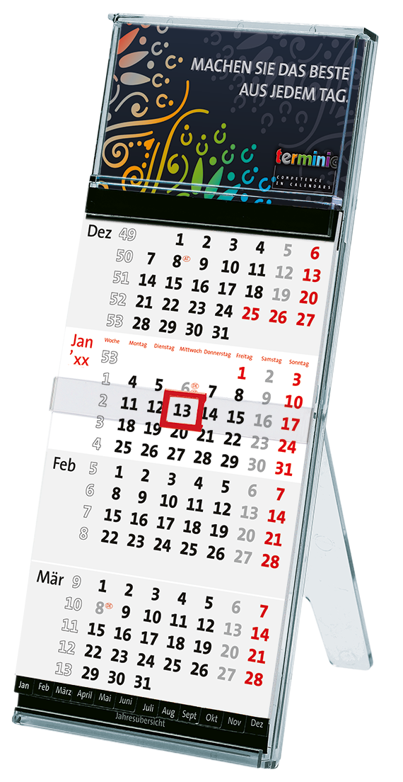 Tischkalender Büro - Der Tischständer Quadro von terminic im bunten Mandala Design aus umweltfreundlichem Polycarbonat in der 4-Monatsansicht